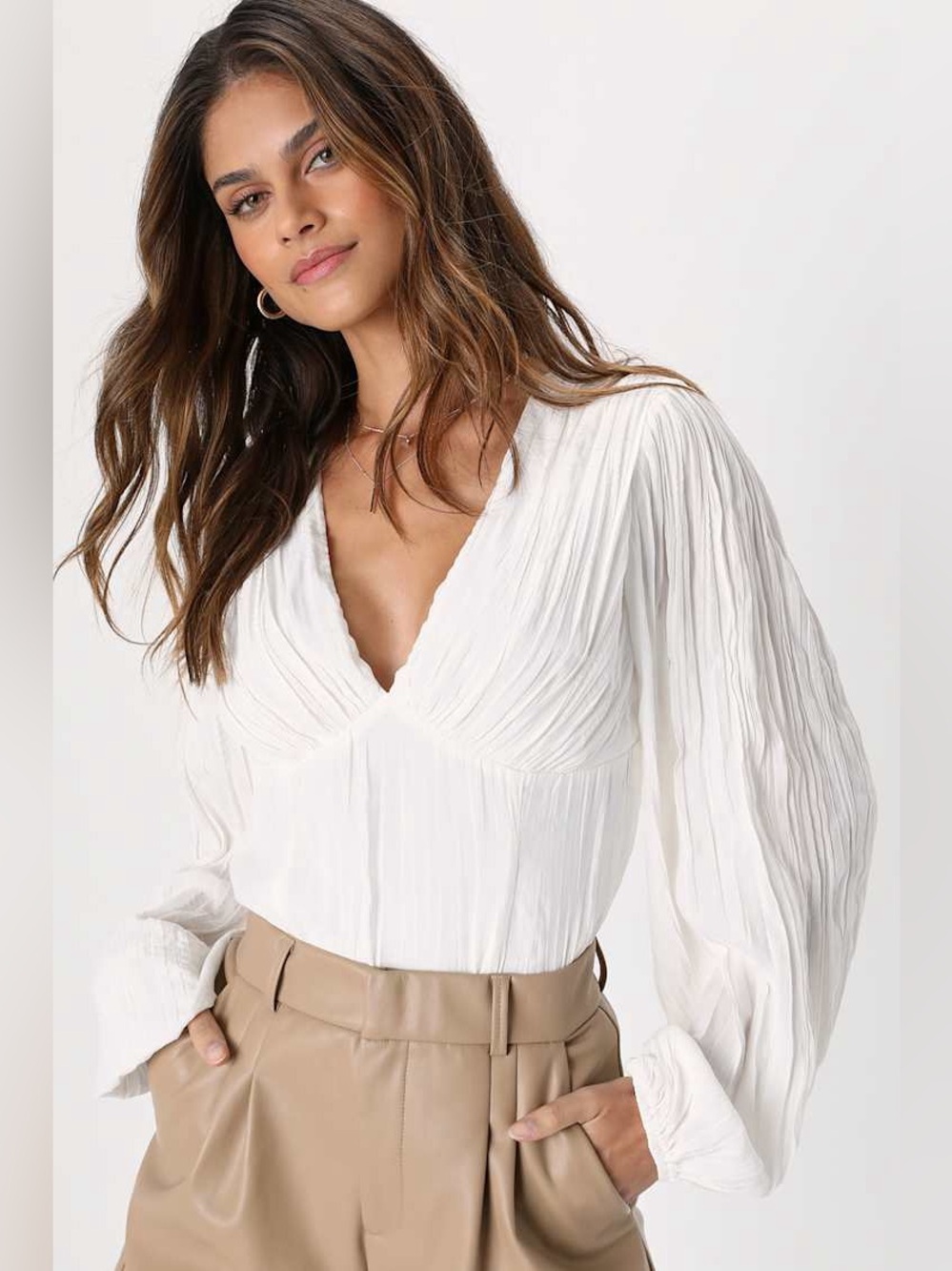Lulus Chic Aura White Textured Plisse Long Sleeve Top